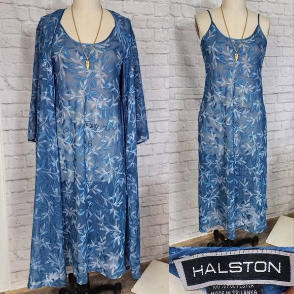90s bias cut sheer blue leaf Designer Nightgown & Robe Set -Halston